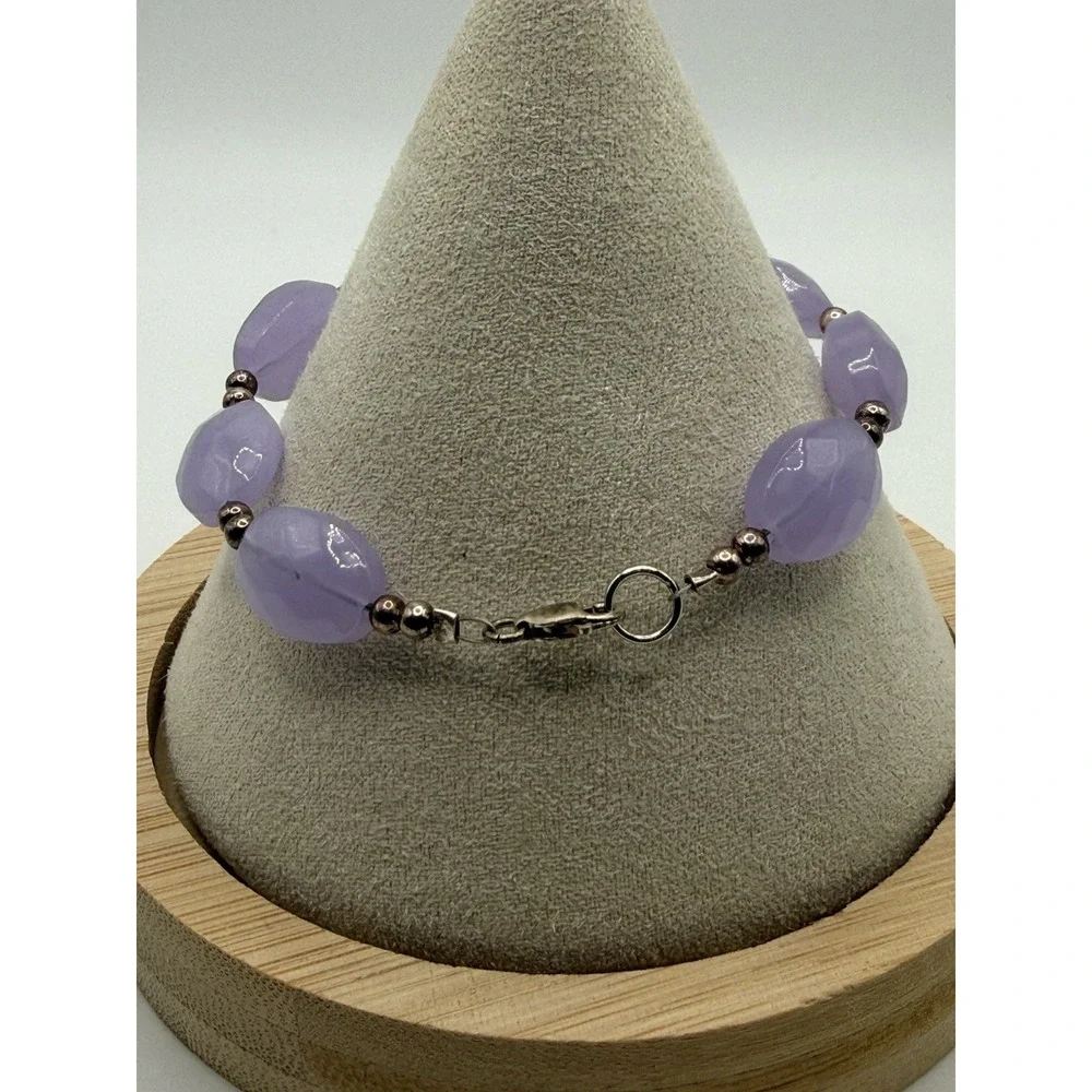 Vintage Sterling Silver Lavender Glass Bead Bracelet 6.25